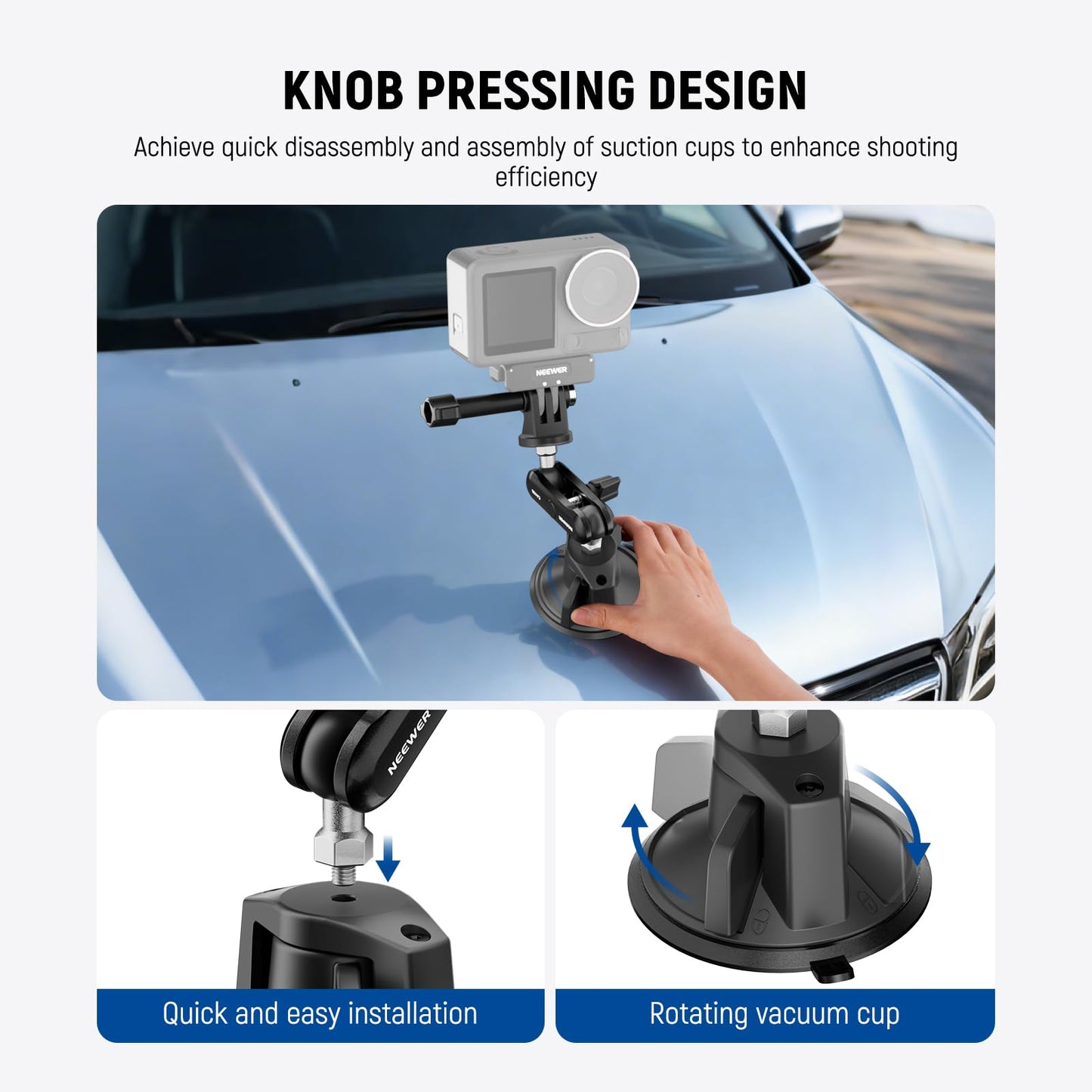 NEEWER Suction Cup Phone Holder & Camera Mount Compatible With GoPro DJI Insta360 iPhone, Car Phone Mount with Action Camera Adapter 360° Magic Arm