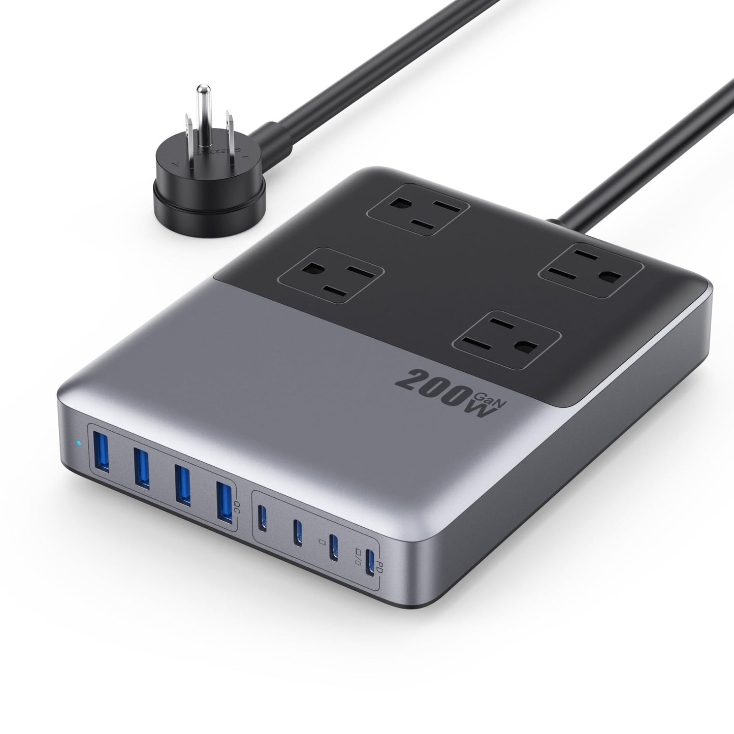12-in-1 Charging Station USB C Power Strip with 5ft Cord and Plug,200W GaN IV USB C Charger Block,4 AC Outlets,8 USB for MacBook,iPhone 17/16/15,Fast