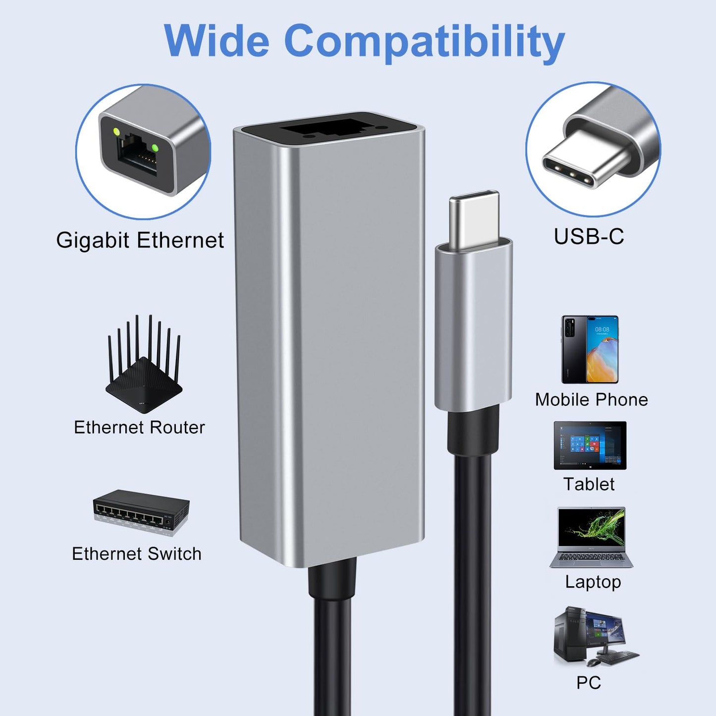 Adesso AUH-5000 USB-C to Ethernet Network Adapter - Gigabit Speed, Aluminum Alloy Case, LED Indicator, Plug & Play, Compatible with Windows, Mac OS