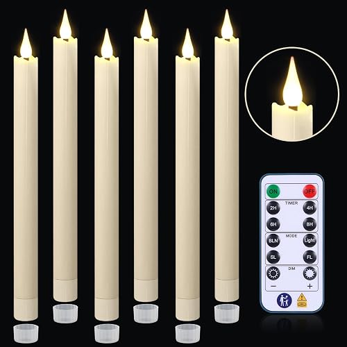 yunsheng 11 Inches Flameless Taper Candles Flickering with Remote & Timer, Set of 6 Battery Operated LED Window Candles, Ivory Plastic LED Candlestick