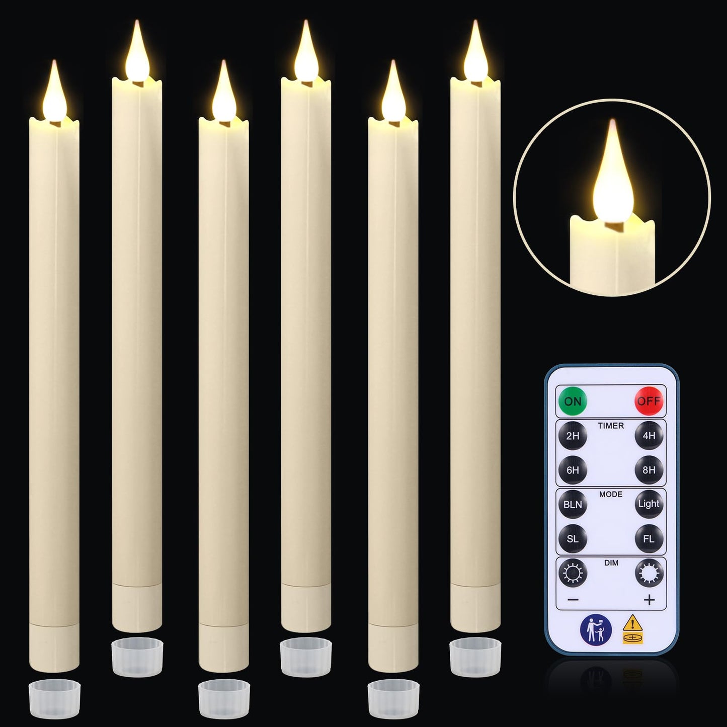 yunsheng 11 Inches Flameless Taper Candles Flickering with Remote & Timer, Set of 6 Battery Operated LED Window Candles, Ivory Plastic LED Candlestick