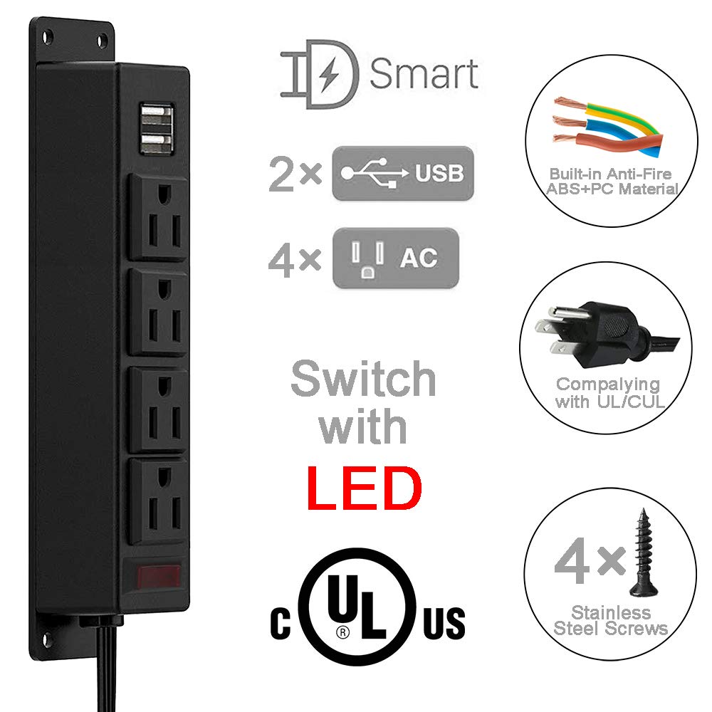 Mountable Power Strip with USB Ports,Wall Mount Power Outlets Screw Down Power Socket in Desk Under Cabinet Power Station 4AC Outlet 2 USB 6.56 Feet
