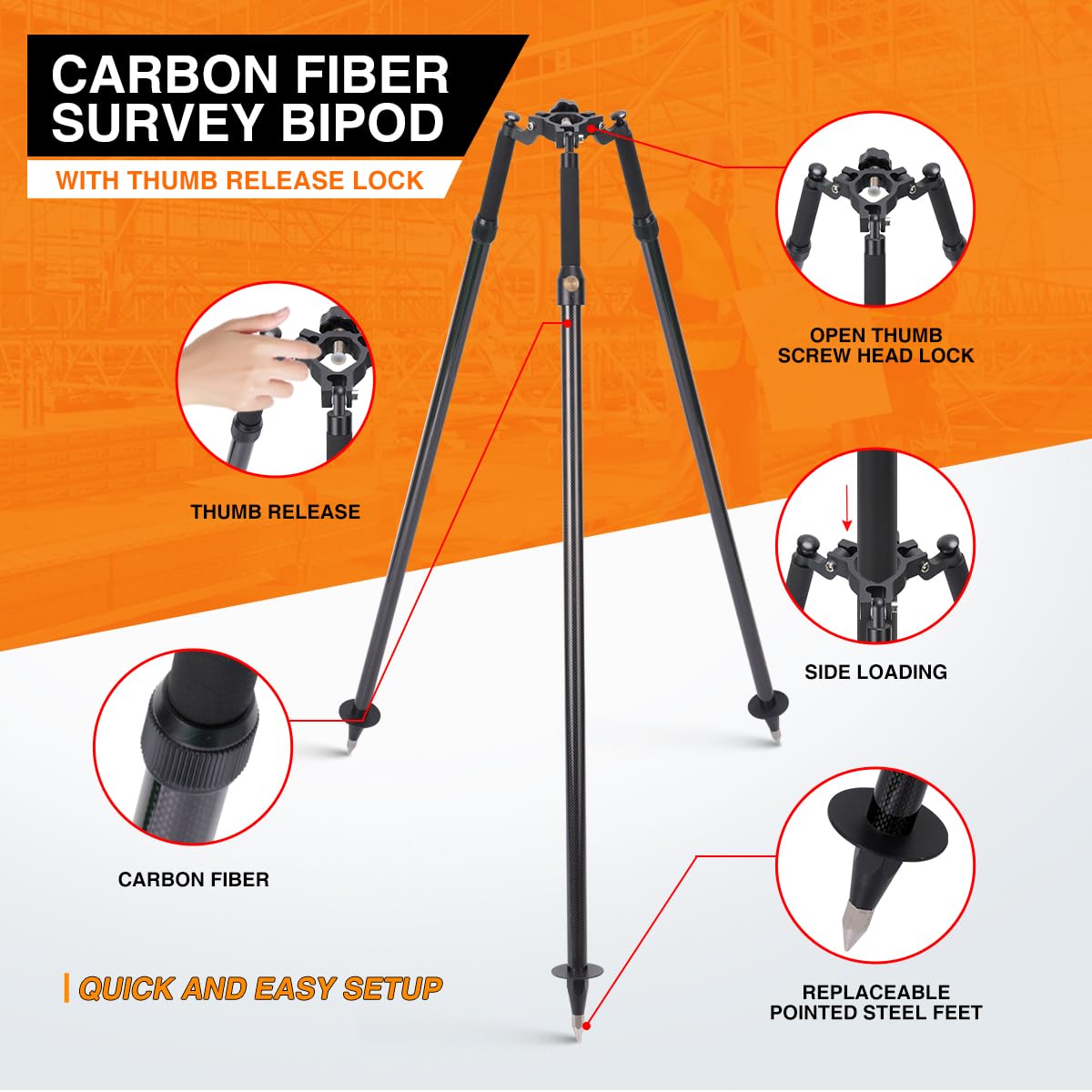 Mountlaser Carbon Fiber Tripod with Thumb Release for Surveying Poles, Fits 1 to 1.25-inch and 1.5-inch Poles, Extends Up to 6 Feet, Collapses to 3.5
