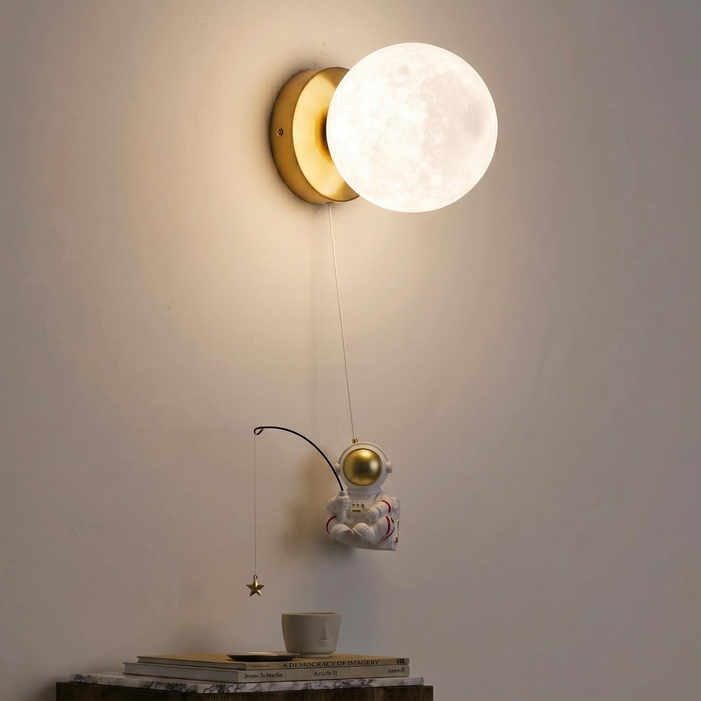 COSYLUX Cute Moon & Astronaut Wall Sconce - Modern Cordless 3D Printed Wall Light for Kids Room, Bedroom, Living Room with Brass Mount | 5.9" Moon