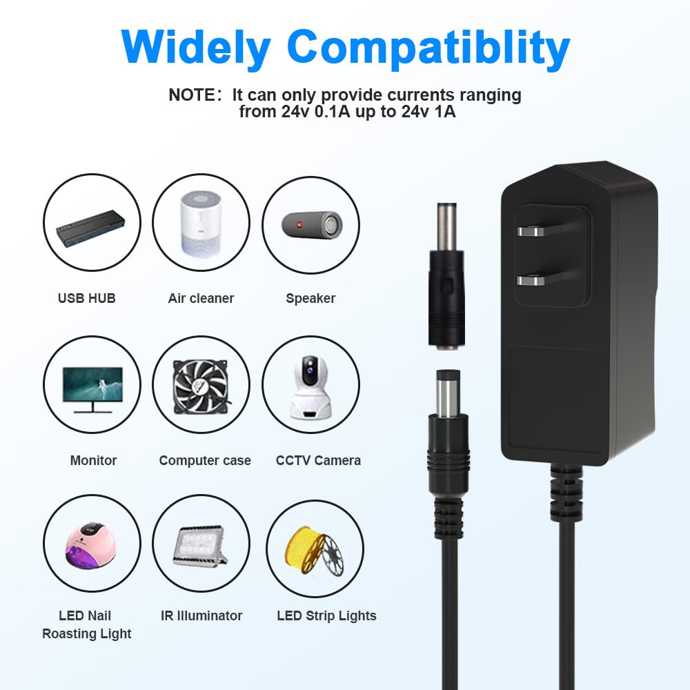HYGAMOCC DC 24V 1A Power Supply Adapter 24W AC Adapter Charger 100-240V to DC 24 Volts 1A with 5.5mm X 2.5mm/2.1mm Plug and 8 Tips for LED Strip…