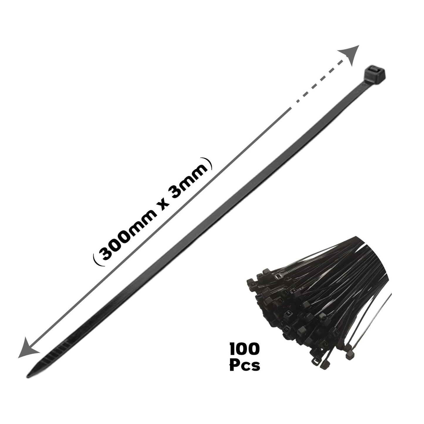ZFFKZ 100 Pcs Black Cable Ties, 300mm x 3mm, UV-Resistant Nylon, Self-Locking Heavy Duty Cable Ties for Office, Garden, Packaging,Home and Event