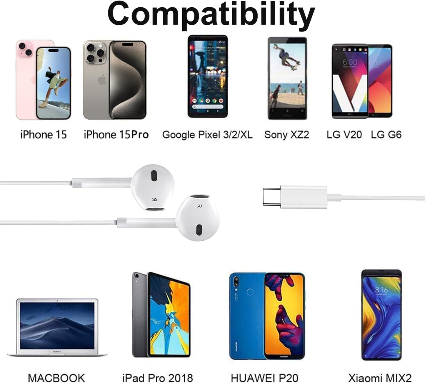 2 Pack Type C Headphones Wired for iPhone 15 16 16e 17 Pro Max, USB C Earphones with Microphone & Remote Noise Cancelling Earbuds for iPhone 16e Pro
