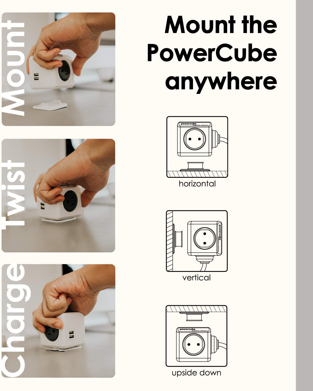 Allocacoc PowerCube Extended 4 Outlets 2USB, 5ft Power Strip Surge Protector 1875W 15A 125V 14AWG, No Blockage, Mounting Dock, Heavy Duty Travel Home