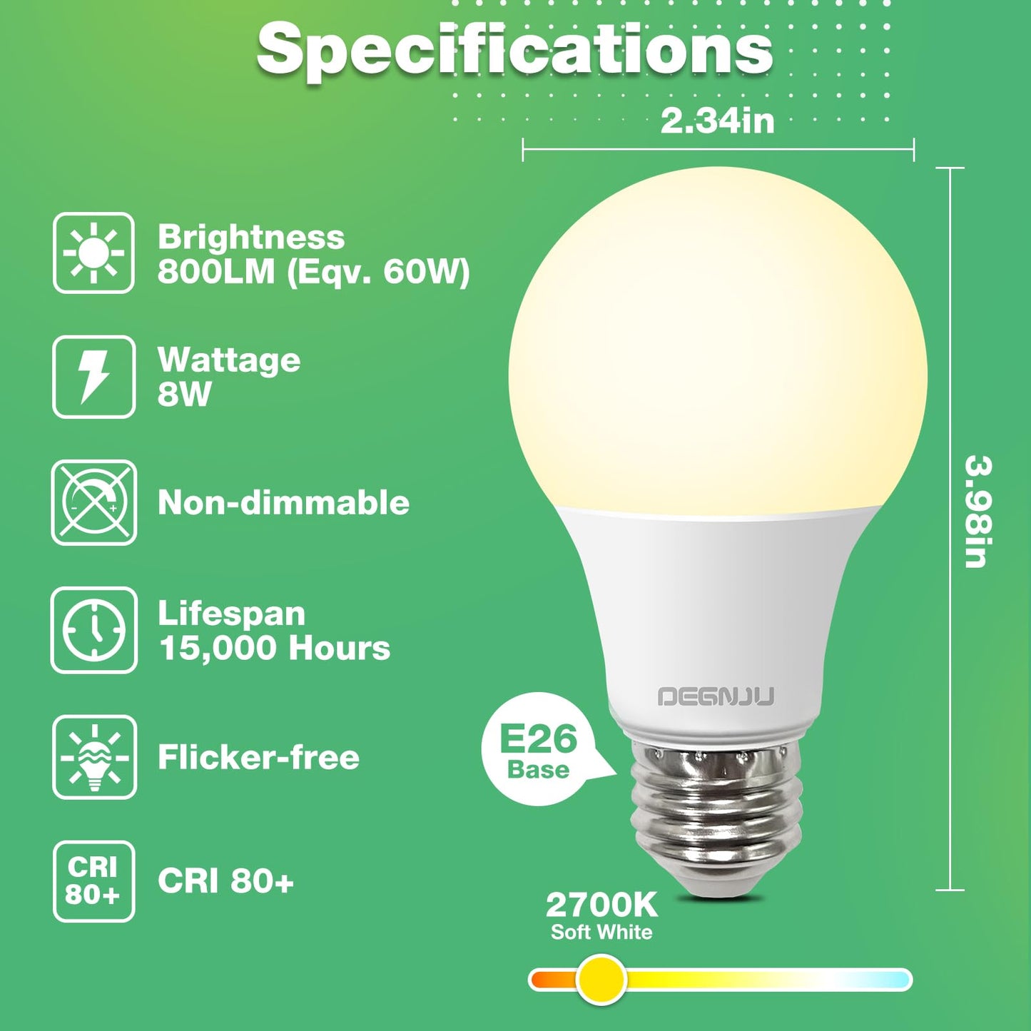 DEGNJU A19 LED Light Bulbs, 60 Watt Equivalent LED Bulb, 2700K Soft White 800Lumen Light Bulb 8.5W, Non-Dimmable Lighting E26 Base, CRI 80+, 15000+
