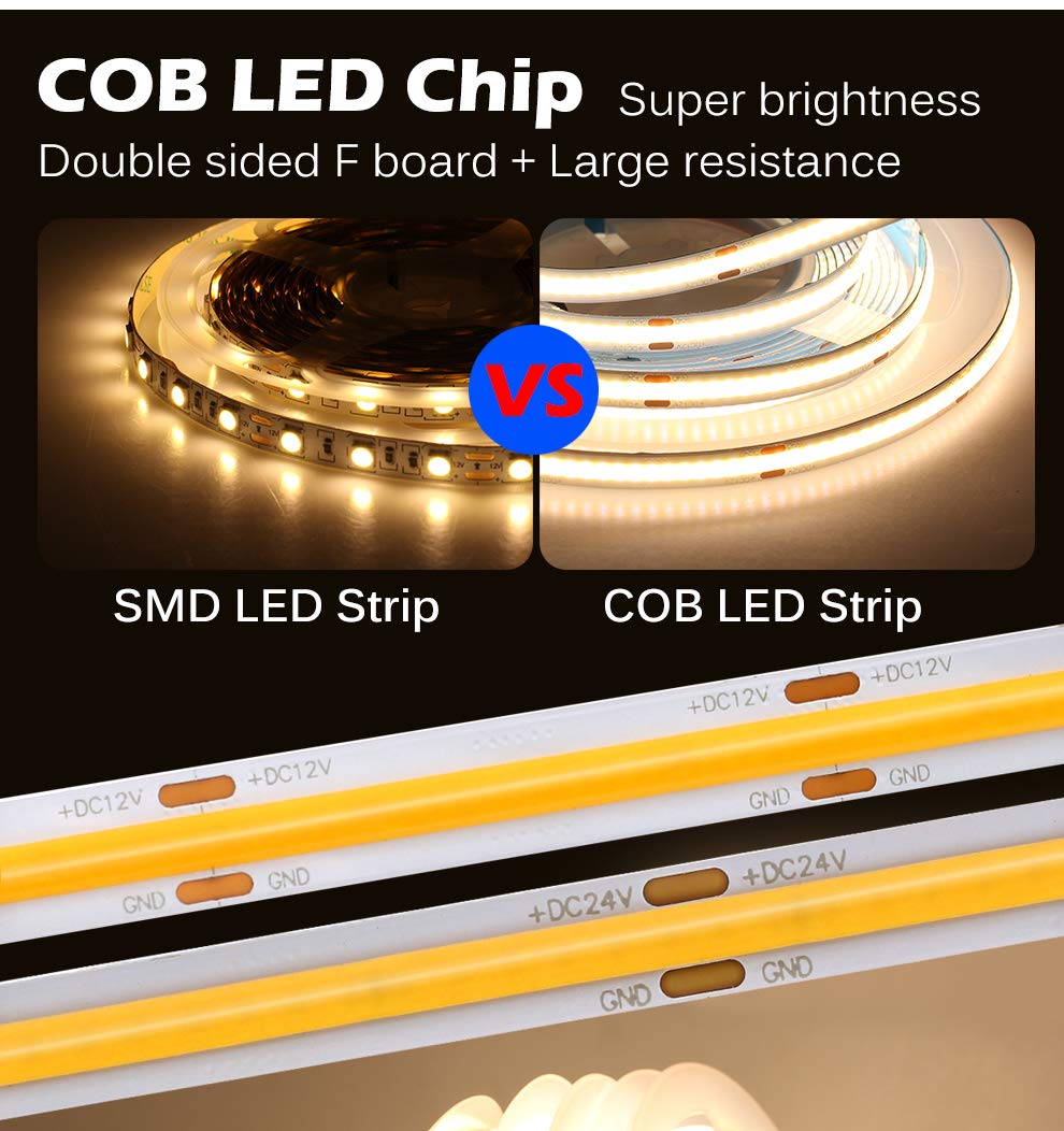 weisuan-Tuodi DC 12V Premium COB LED Strip Flexible High Density Chips 90+ Ra 3000k White Lights 5m (Warm Light 3000K, 384 LEDsm)