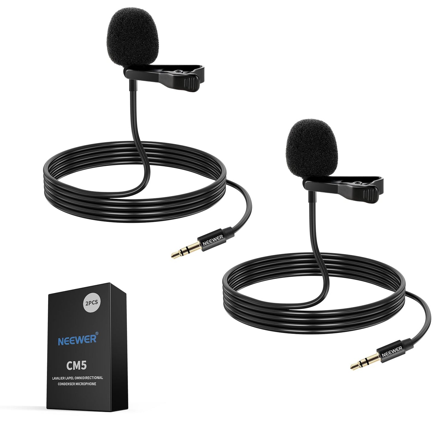 NEEWER 2 Pack Lavalier Lapel Microphone Compatible with DJI Wireless Mic Transmitters Rode Wireless GO II 2, Omnidirectional Condenser Wired Clip On