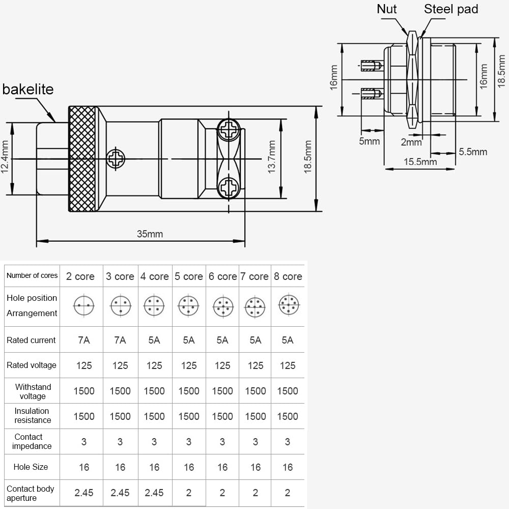DIYhz GX16 2 Pins Panel Metal Mount Circular Metal Aviation Connector Adapter Male Female Plug Socket (5 Pcs)