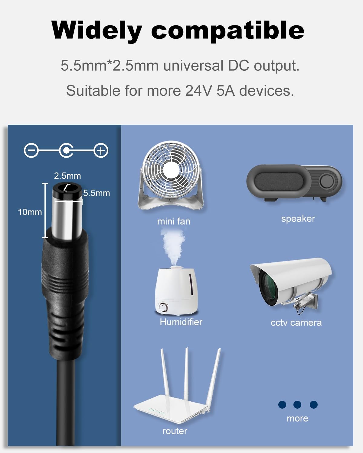 24V 5A DC Regulated Power Supply, AC 100-240V 50-60Hz to DC 24 Volt 5 Amp Power Adapter Cord, 5.5mm x 2.5mm Barrel Jack, Tip Center Positive