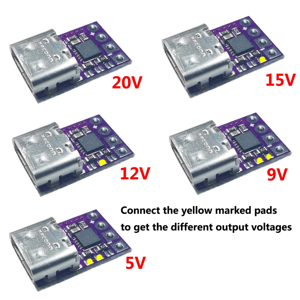 Delinx 2PCs USB-C Type-C PD Trigger Module Supports PD 2.0 3.0 Output DC 5, 9, 12, 15, 20 Volts 100W (PD to 5/9/12/15/20V)