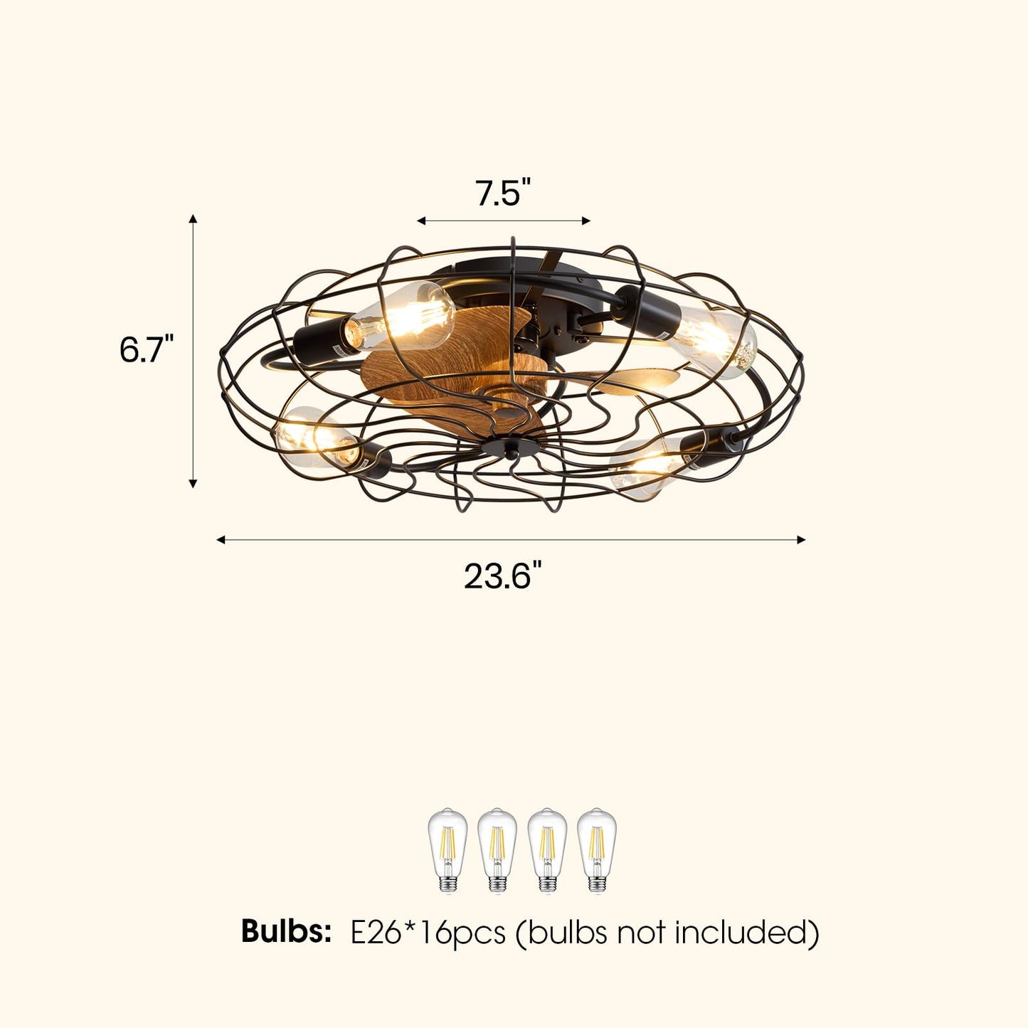 Kaullyzu Caged Ceiling Fan with Light and Remote, 24" Farmhouse Low Profile Ceiling Fan with Lights, Quiet Reversible DC Motor, 6-Speed Enclosed