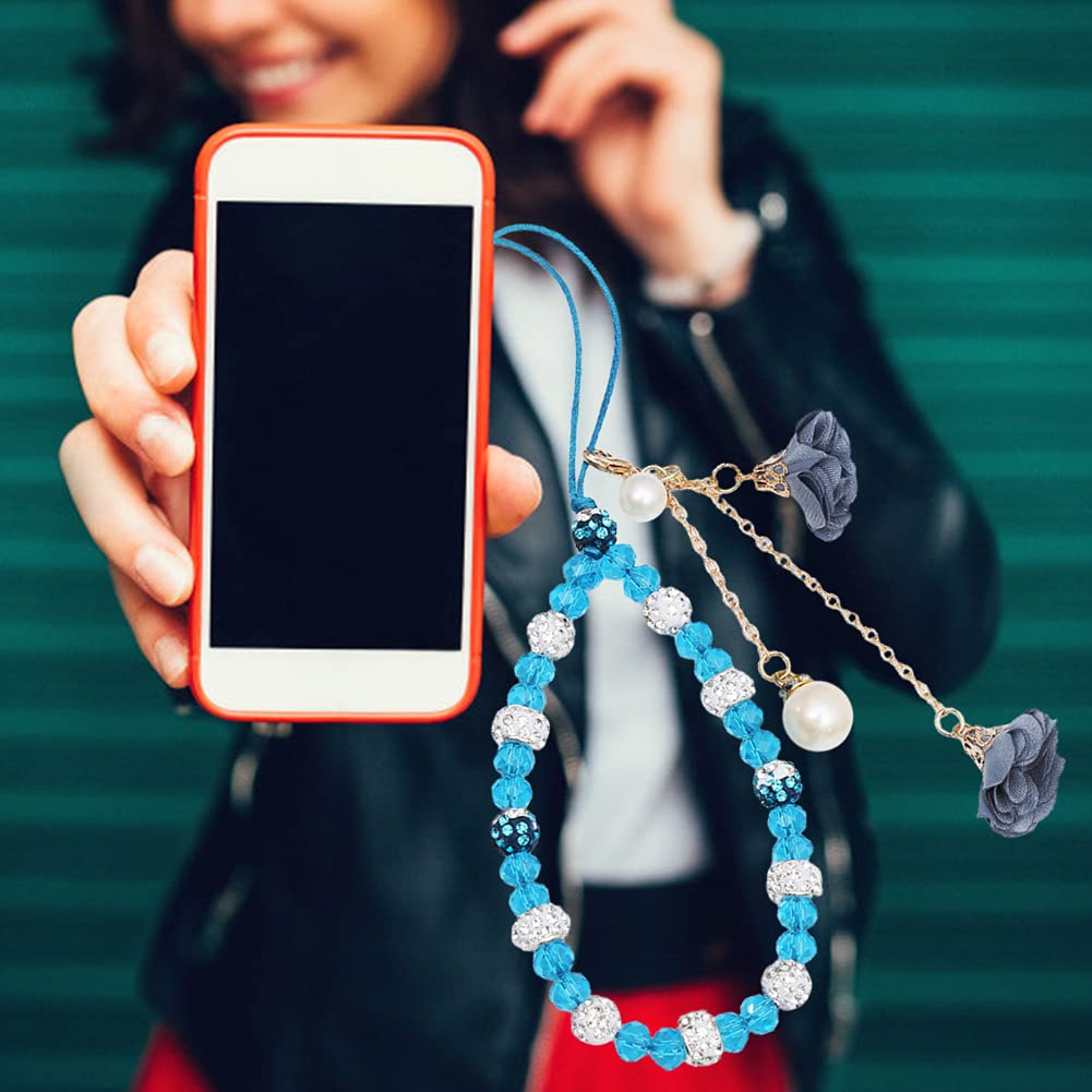 Katutude Beaded Phone Charm Lanyard, Bling Sparkle Cell Phone Charm Wrist Strap, Universal Anti-Lost Phone Chain, Blue
