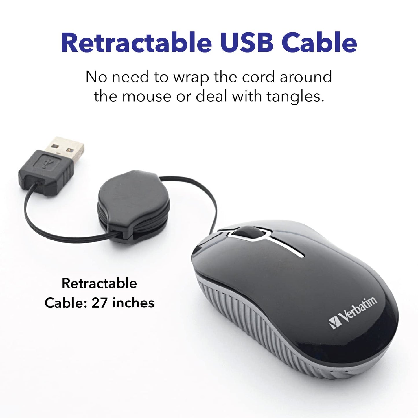 Verbatim Wired Optical Computer Mini USB-A Mouse - Plug & Play Corded Small Travel Mouse with Retractable Cable - Blue 98616