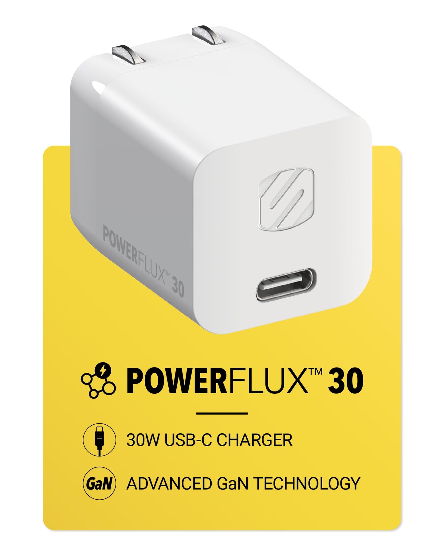Scosche PowerFlux 30W USB-C Wall Charger Block, Compact Fast Charging GaN Charger with Foldable Plug, Power Delivery PPS Compatible with iPhone 17/16