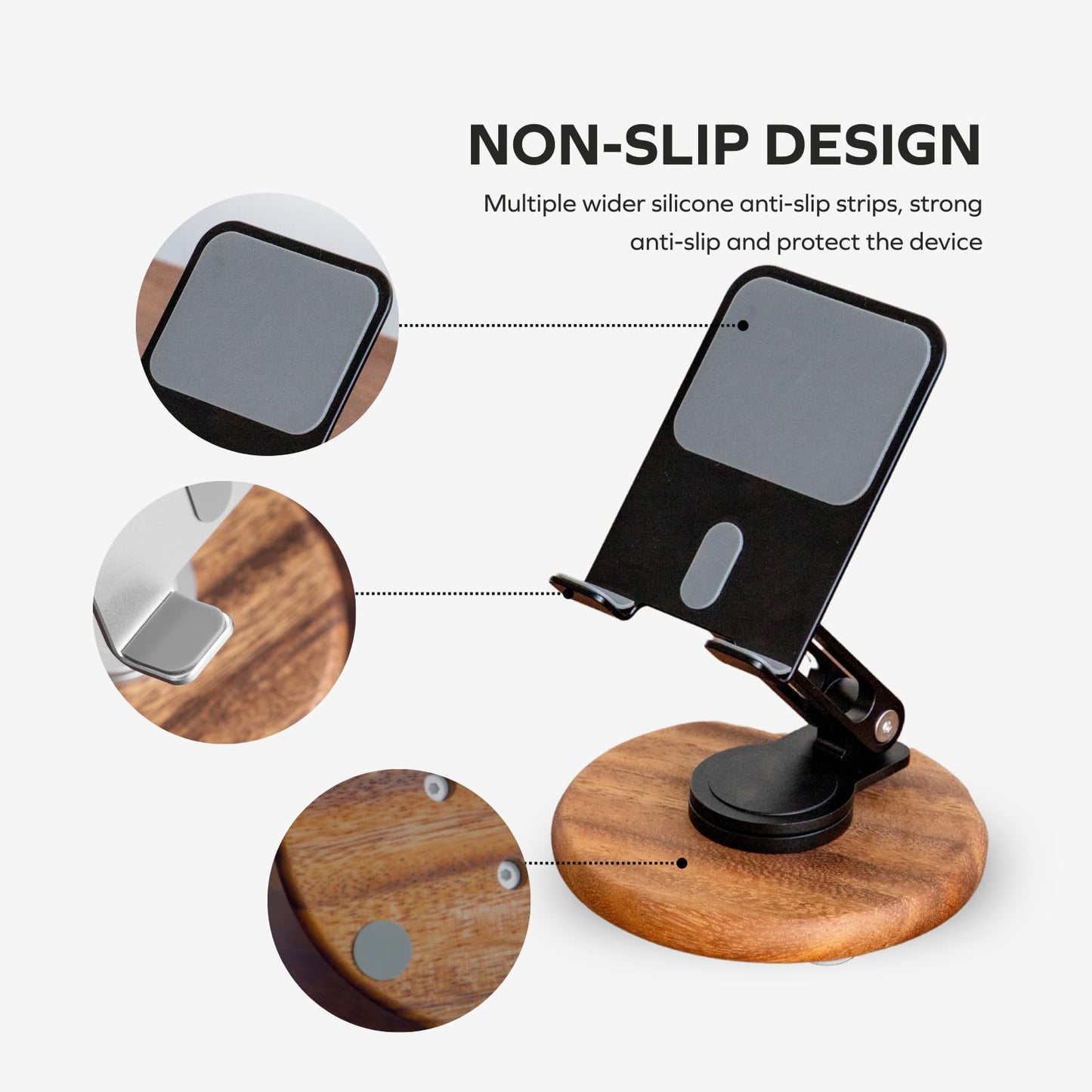 muso wood Cell Phone Stand for Desk, Foldable 360 Rotating Cell iPhone Holder with Acacia Base, Adjustable Travel Cell Phone Mobile Stand for All