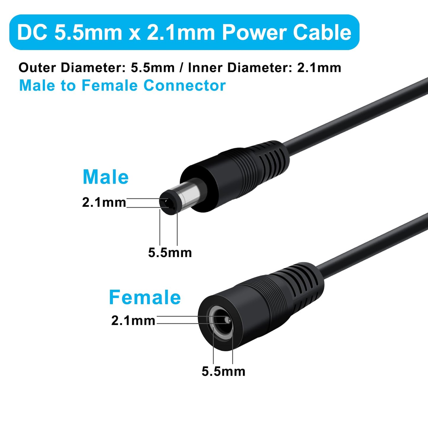 YINGAYOU DC Power Extension Cable 5.5mmx2.1mm 18AWG DC Cable Male to Female 5V 6V 9V 12V 24V 3A for Security Cameras, DVR, Router, Printer, LED Strip