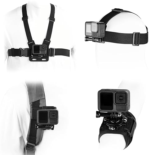 BRDRC Accessories Kit for GoPro, Head Chest Mount Strap Harness Backpack Clip Holder Wrist Strap, 360°Rotating Adapter + Quick Release for DJI Action