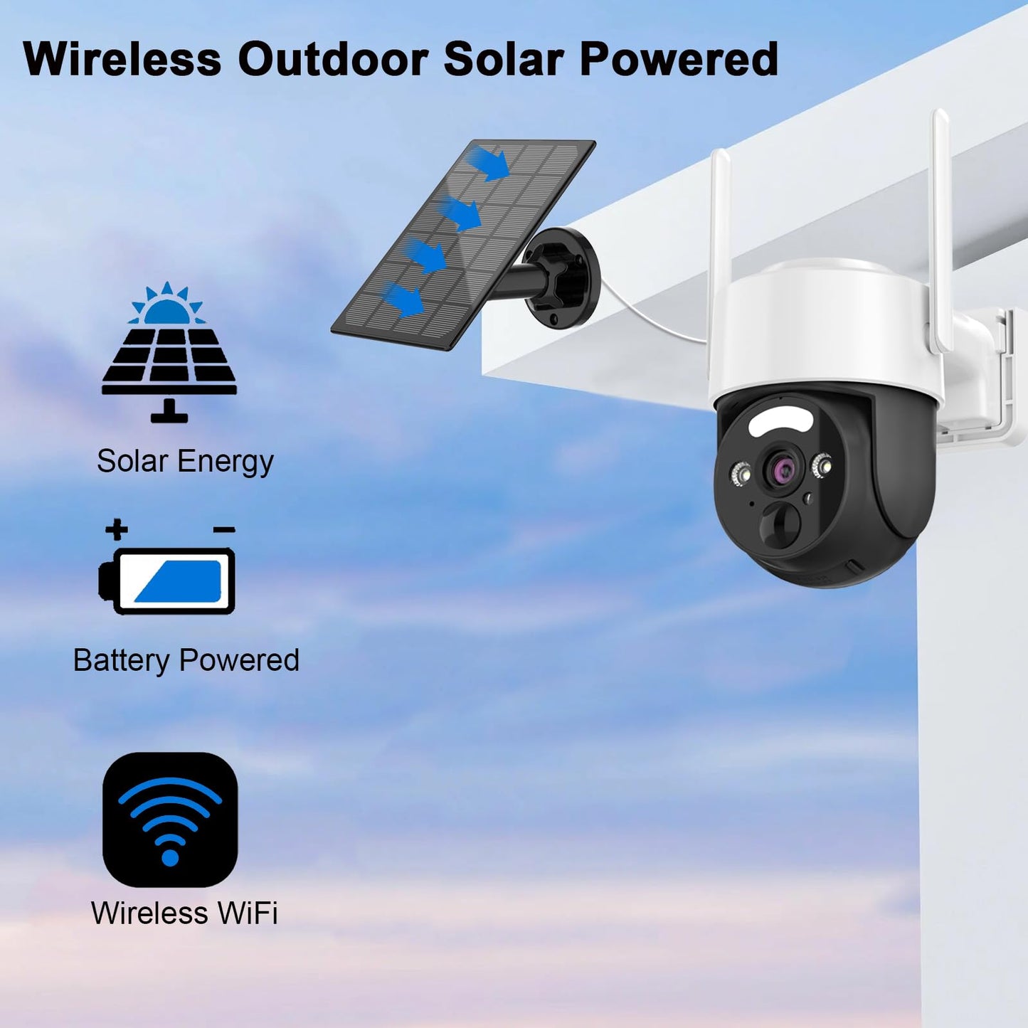 BlessFly 2K Solar Security Cameras Wireless Outdoor, Pan Tilt 360° WiFi Camera for Home Security, 8000mAh Battery Powered with Color Night Vision, 3W