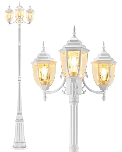 HORTUZZ Lamp Post Outdoor Lighting, 3-Head White Hard Wired Pole Light for Outside, E26 Base Maximum 100W (Bulb Not Included), Waterproof Street Light