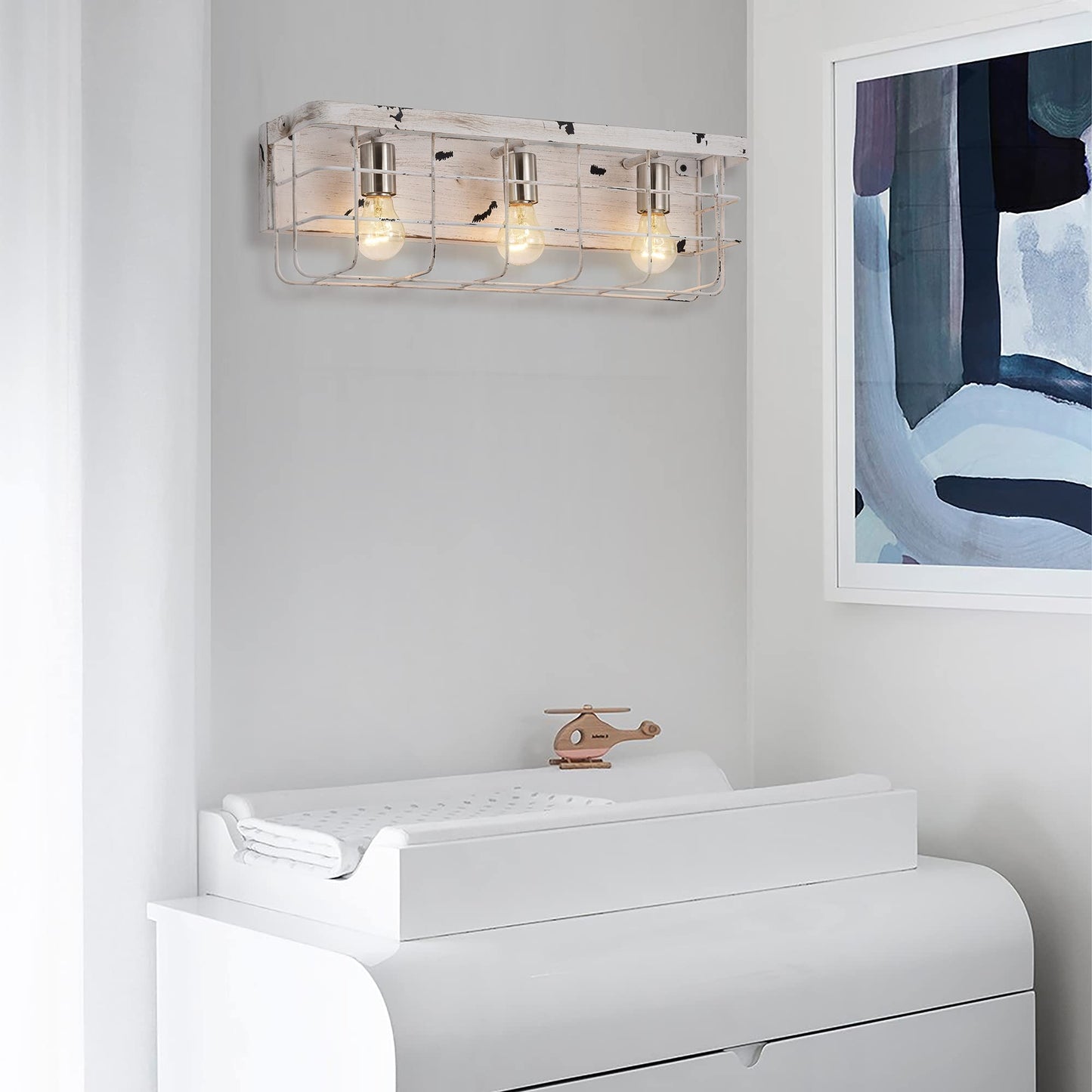 Edvivi 3-Light Caged Vanity Light, Antique White Wood Industrial Farmhouse Decor Lighting, Wall Lights Fixtures for Mirrors, Bedroom, Living Room