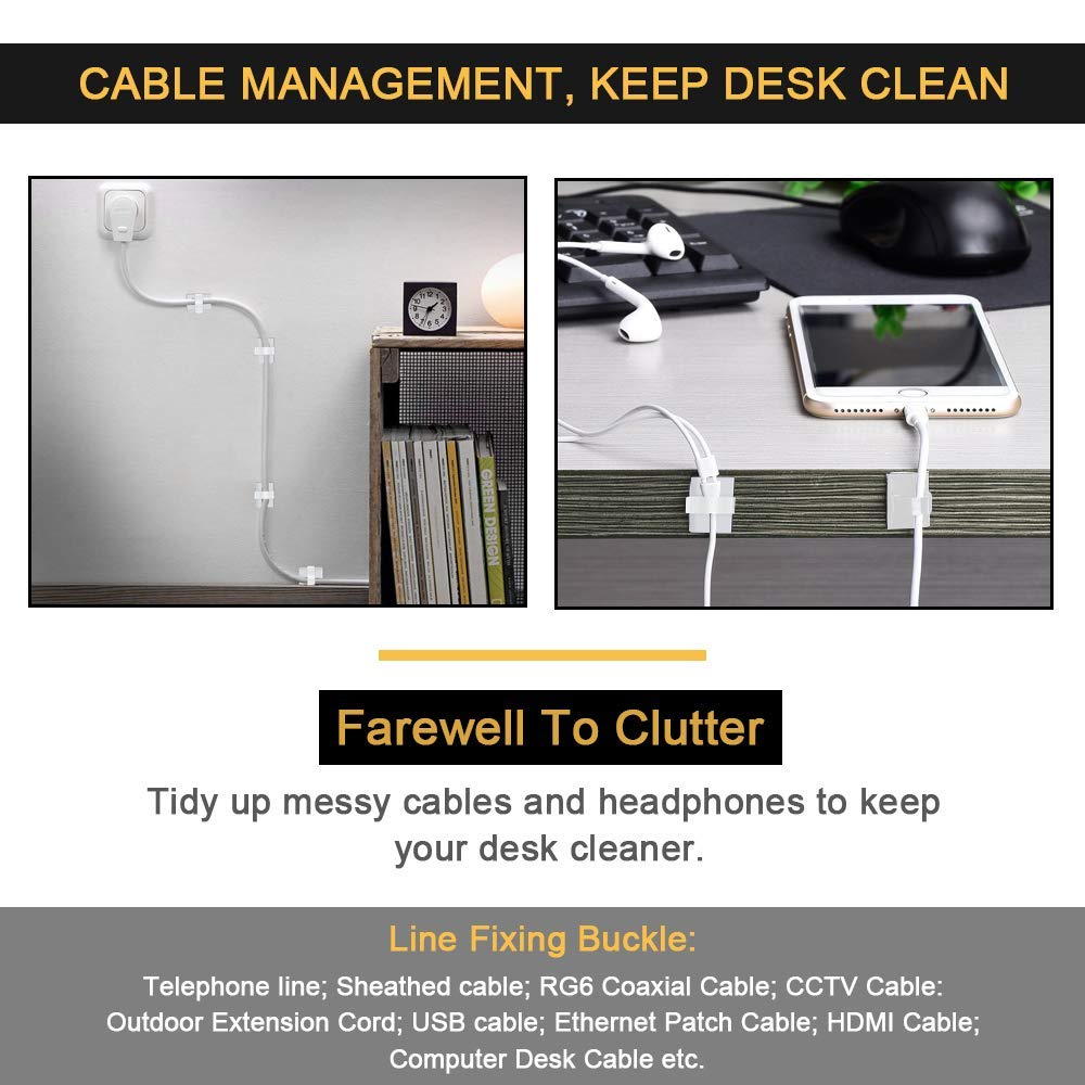 Cable Clips Self with 3M Adhesive Cord Organizer, Wire Holder Clamp Management Sticky for Desk Car Dash Cam Tables Wall, White 50pcs