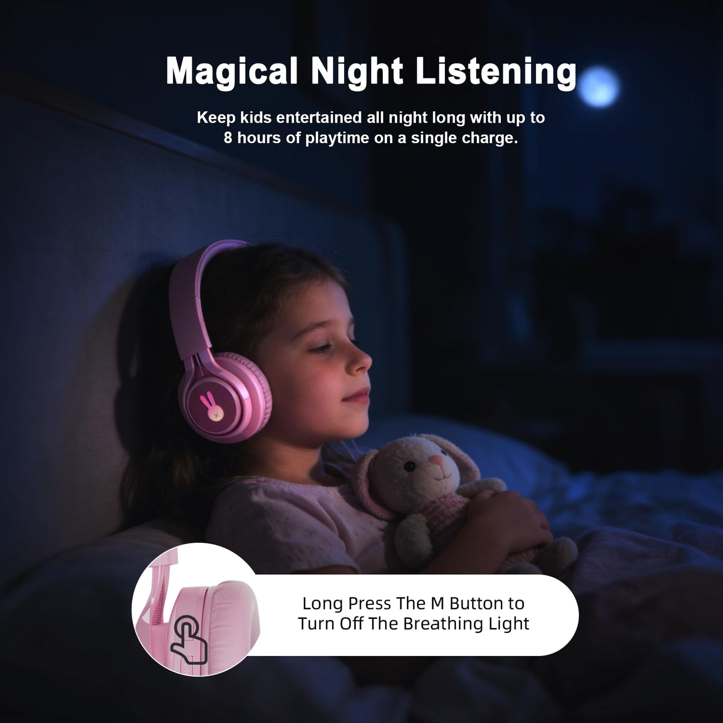 Goberistmal LED Bunny Kids Bluetooth Headphones, Lightweight Wireless & Wired Headphones for Kids, 85dB Volume Limited, Over-Ear Toddler Headsets