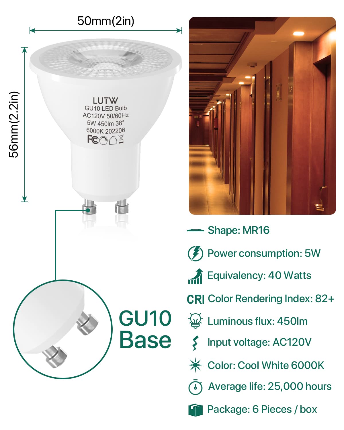 LUTW MR16 Dimmable LED Spot Bulbs, 38° 40W 6000K Cool White, 6 Pack
