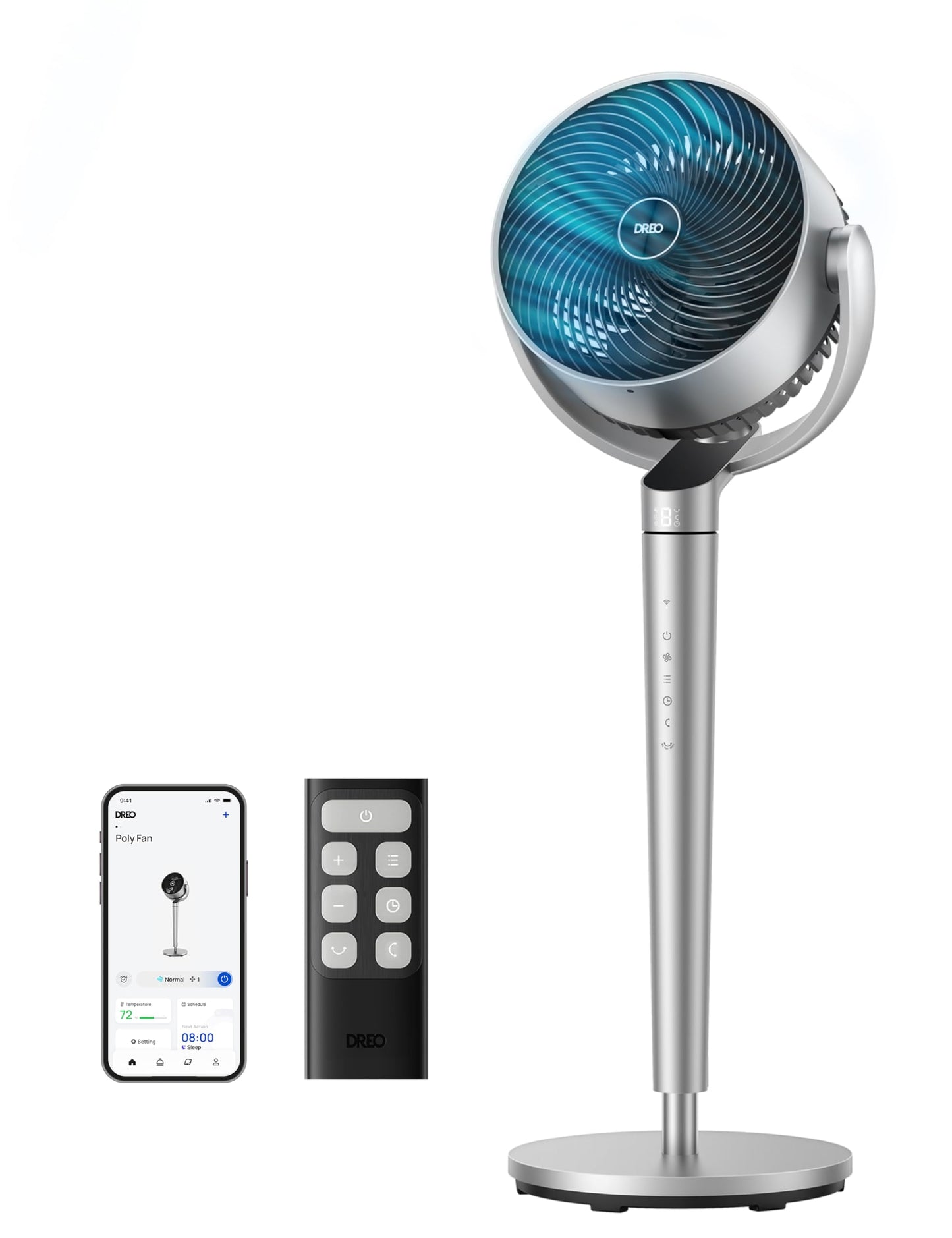 DREO Smart Fan for Bedroom, 110ft Pedestal Fan with DC Motor, 150°+120° Omni-Directional Oscillation, Quiet Floor Fan with Smart Control, 9 Speeds, 6