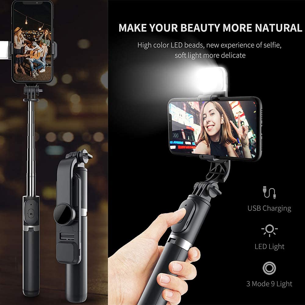 Enkarl Selfie Stick Tripod with Light, All in One Cell Phone Tripod, Cellphone Tripod with Wireless Remote and Phone Holder, Portable