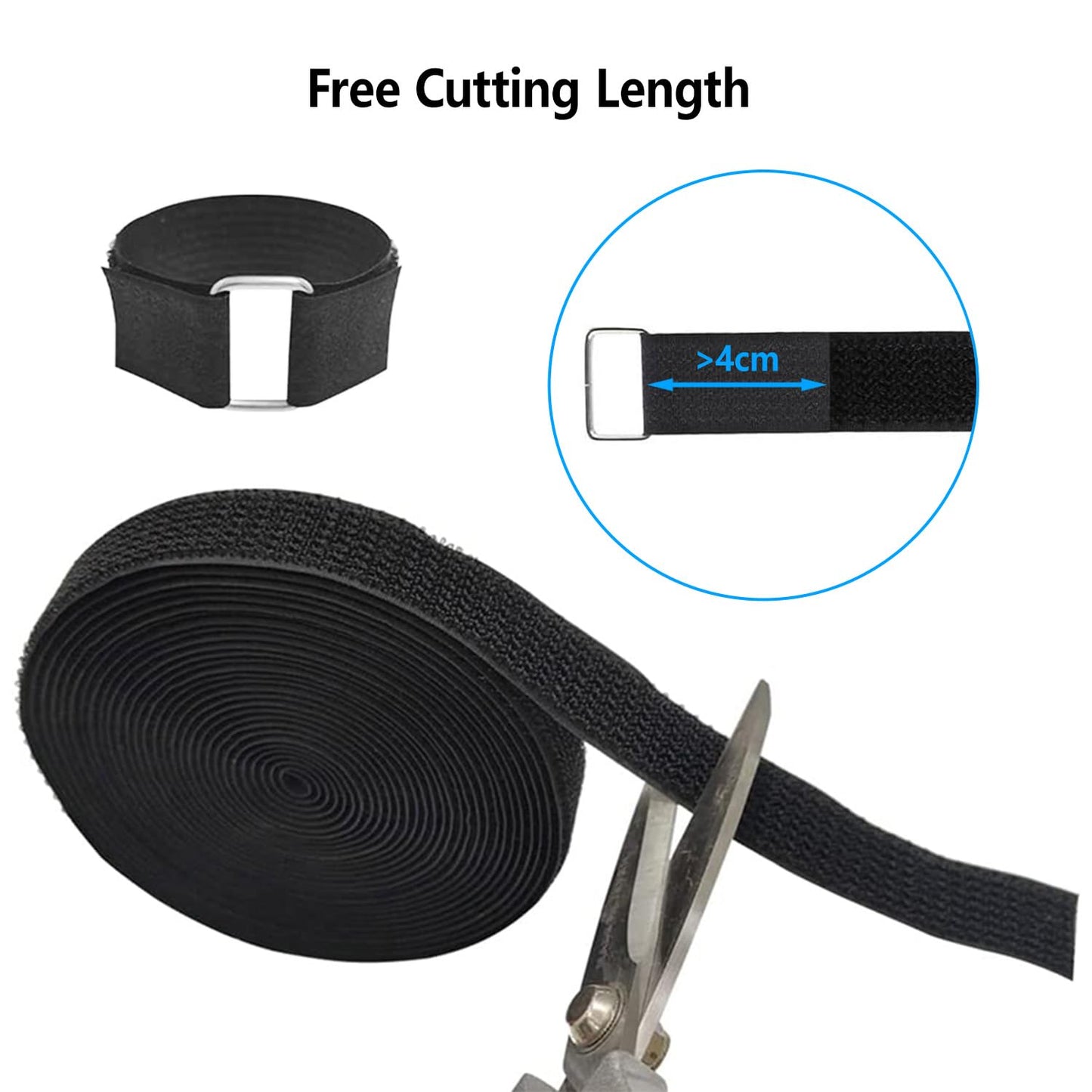 1 in x 32 ft Adjustable Fastening Cable Straps, Hook and Loop Straps with 50 Metal Buckles, Reusable Nylon Securing Cord Ties for Organizer or