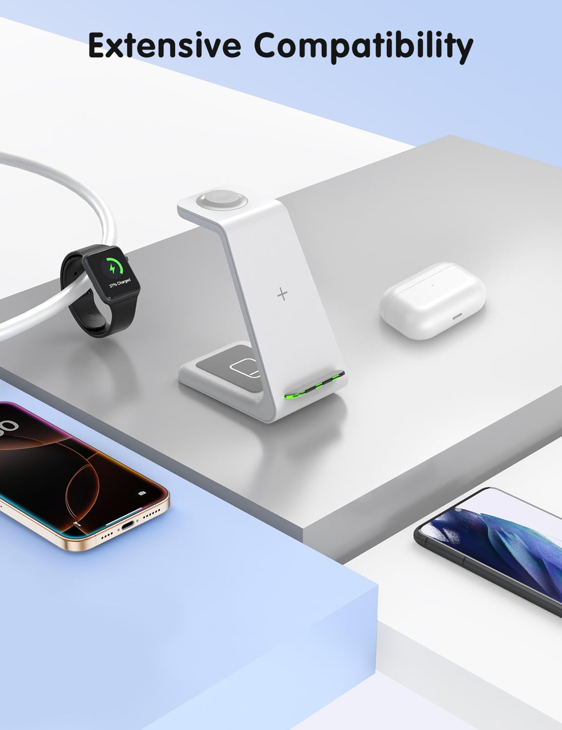 Charging Station for iPhone and Apple Watch: 3 in 1 Wireless Phone Charger Stand for iPhone 17 16 15 14 13 12 11 Pro Max & AirPods, Bedside Nightstand