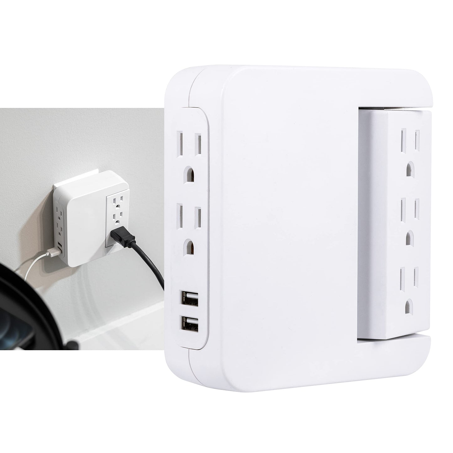 GE Pro Side-Access Swivel Surge Protector, 5-Outlet Extender with 2 USB Ports, Wall Tap Adapter, Charging Station, 3-Prong, 560 Joules, 2.4 AMP/12