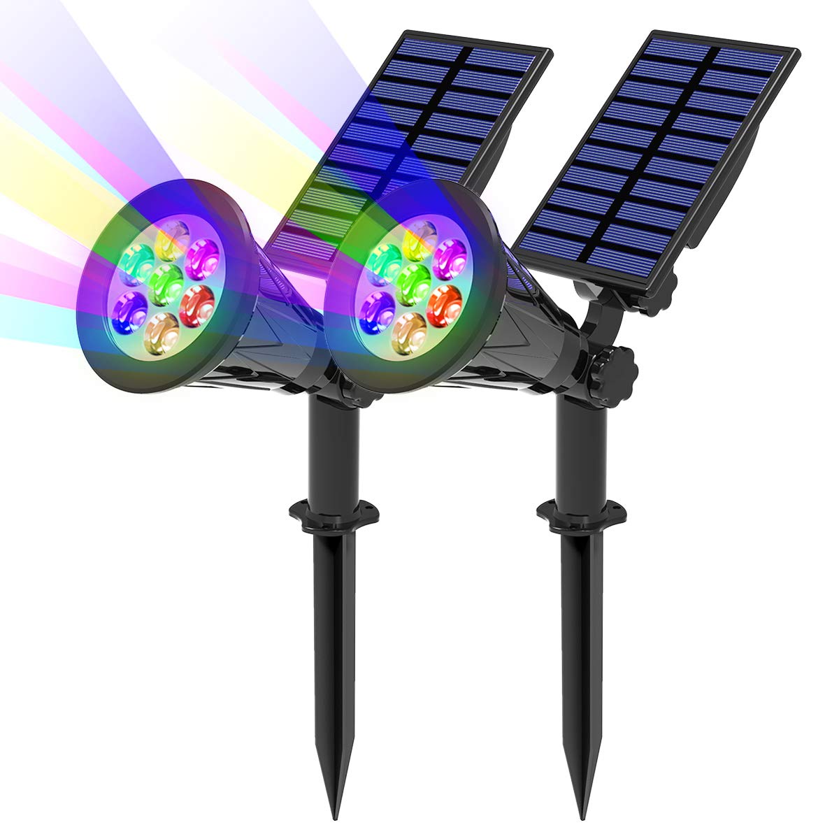 T-SUN Solar Spotlights, Color Changing 7 LED Waterproof Solar Garden Lights, Auto ON/OFF Adjustable Landscape Spot Lights, 2-IN-1 Solar Wall lights