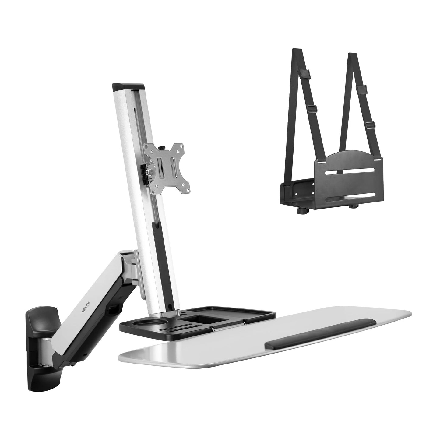 Mount-It! Wall Mounted Sit-Stand Single Monitor Workstation with Gas Spring Arm, Keyboard Tray & CPU Holder, 19.9” Height Adjustment, 41” Extension