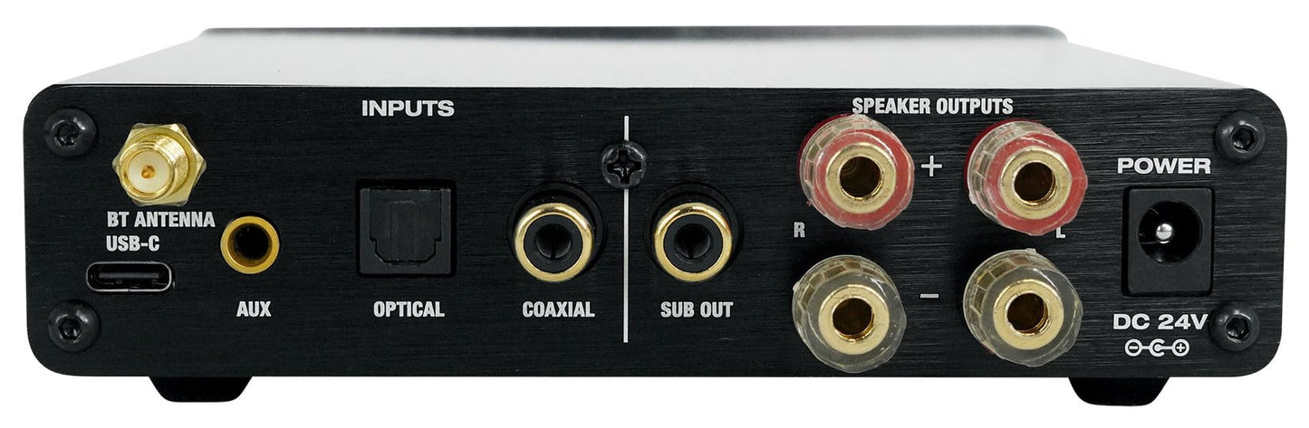 Rockville BLUDAC2S 150W Hi-Res 192K Amplifier Bluetooth Receiver w/USB, Optical, Coax, Sub Out, Class-D, DSP EQ, Remote, Brushed Aluminum, Compact