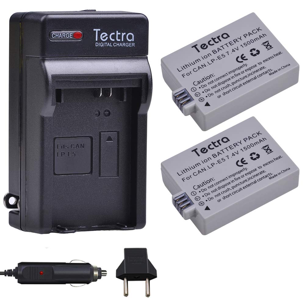 Tectra 2-Pack LP-E5 Battery and Charger Kits for Canon EOS Rebel XS, Rebel T1i, Rebel XSi, 1000D, 500D, 450D, Kiss X3, Kiss X2, Kiss F