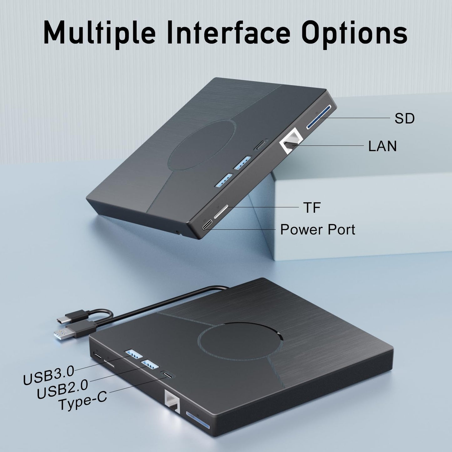 7 In 1 External CD Drive for Laptop, USB 3.0 & Type-C CD Rom External Drive for Laptop with Ethernet Interface, 3 USB and SD/TF Card, USB DVD Drive