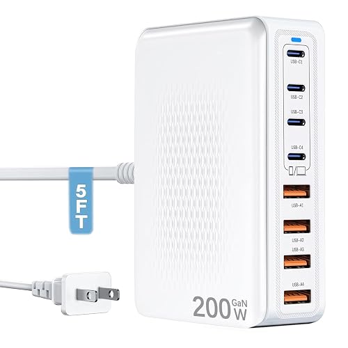 USB C Charger Block Charging Station-200W Fast GaN 8-Port Multiple Devices USB Charging Hub,65W Laptop Power Adapter Charger Compatible Apple iPhone