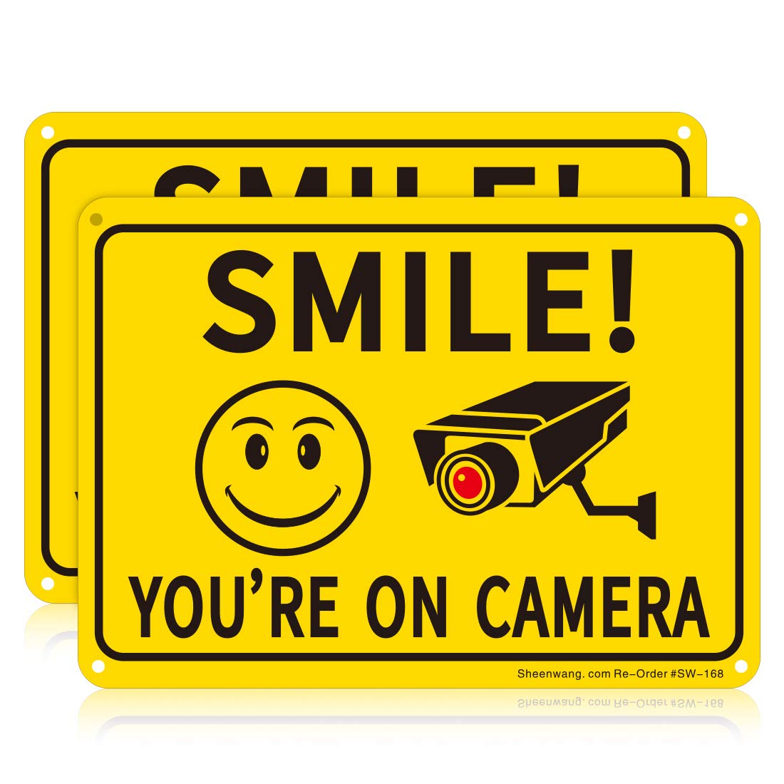 Sheenwang 2-Pack Smile You’re on Camera Sign, Video Surveillance Signs Outdoor, UV Printed .040 Mil Rust Free Aluminum 10 x 7 in, Security Camera Sign