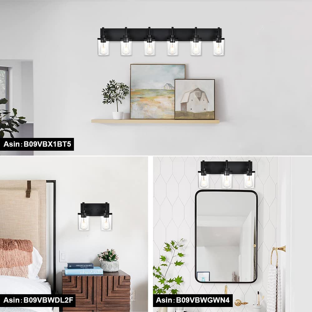 QueeuQ Modern Black Bathroom Vanity Light,6 Light Industrial Bathroom Light Fixtures Over Mirror with Clear Glass Shade Sconces Wall Lamp Lighting