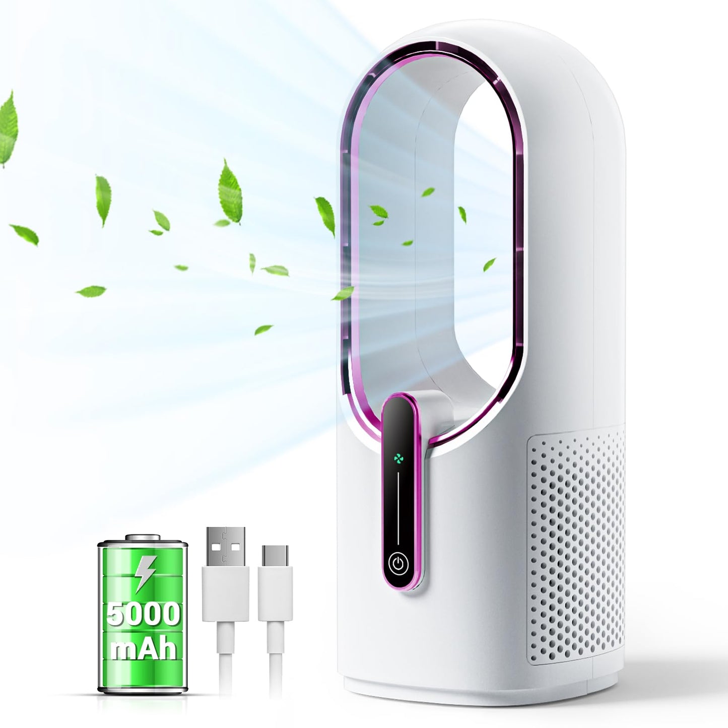 Bladeless Desk Fan, 11.8 Inch Small Rechargeable Fan, 30dB Quiet, 3 Speeds