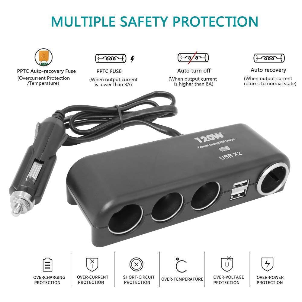 4 Way Car Charger Splitter Power Adapter with Multi Socket Dual USB 12V-24V Plug Charger for iPhone iPad Samsung GPS Dashcam