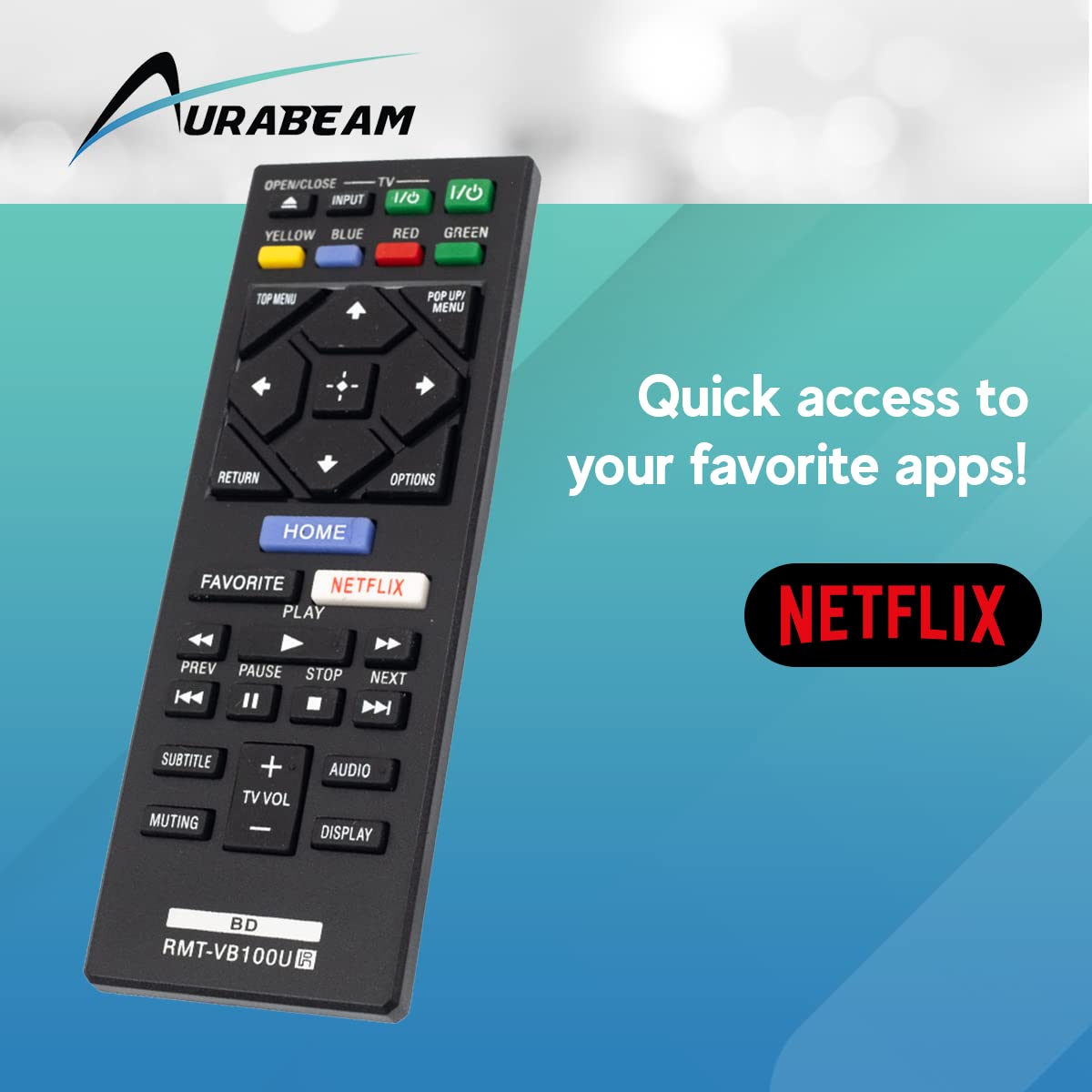 Aurabeam RMT-VB100U Replacement Blu-ray Remote Control for Sony BD Bluray Player (RMTVB100U / 149295411)