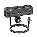 6 Outlet Desk Clamp Power Strip with USB C, Flat Plug Surge Protector, Desktop Edge Mount for 1.8 inch Tabletop Thick, Connect 6 ft Extension Cord