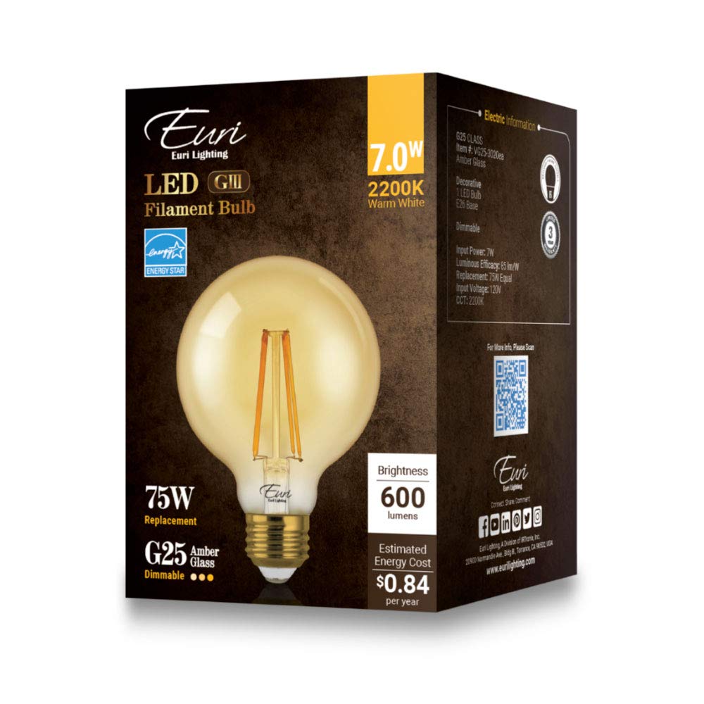 Euri Lighting VG25-3020ea, Dimmable LED G25 Globe Filament, 7W (75W Equal), Warm White (2200K), 600lm, 80CRI, 320° Beam, Amber, E26, 120V, Wet Rated