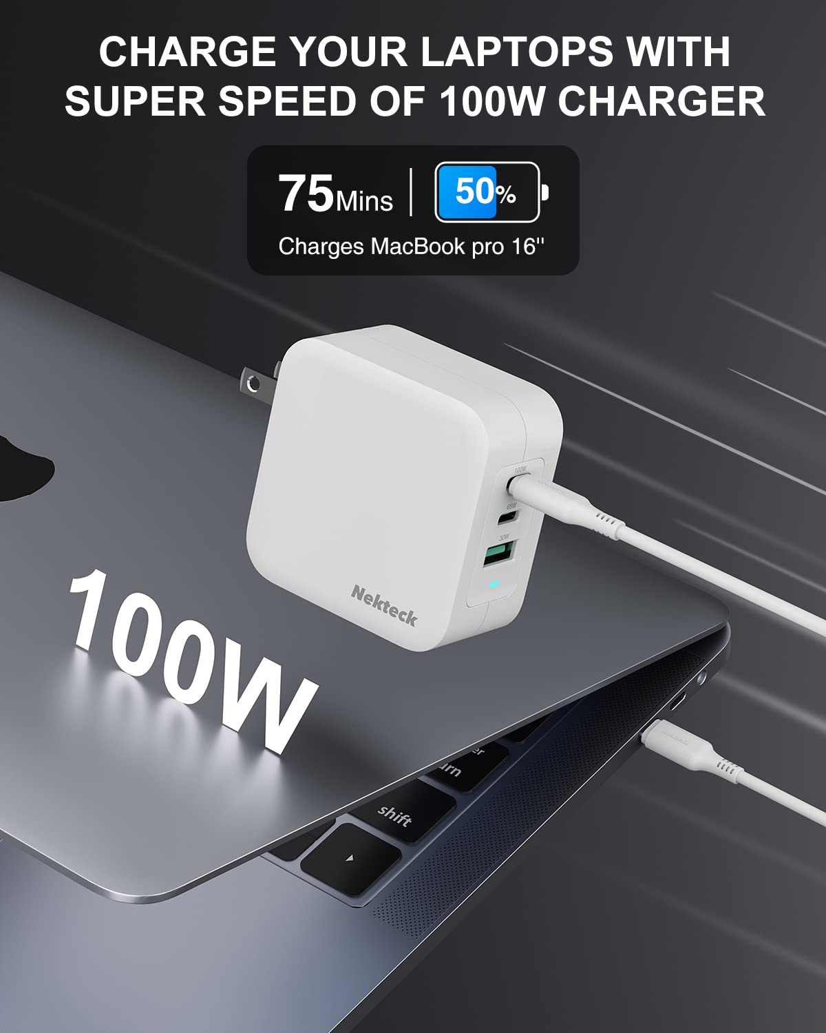Nekteck 100W GaN USB C Fast Charger (3-Port) - PD 3.0 & QC 3.0 Compact Wall Charger for MacBook Pro/Air, iPhone 17/16/15, iPad, Galaxy S25/S24